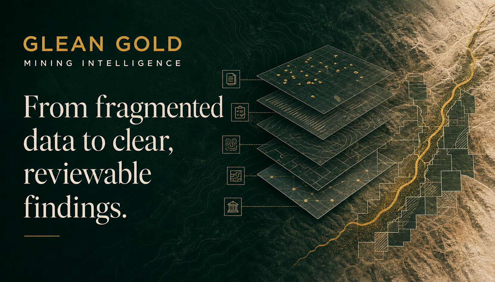 Glean Gold Mining Intelligence hero composition: brand title, intelligence icons, layered maps and Tanzanian licence boundaries, rivers and satellite terrain.
